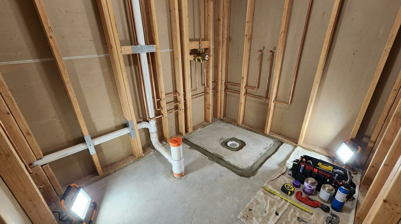 Bathroom rough-in plumbing during remodel by Johns Plumbing LLC in Cocoa Beach