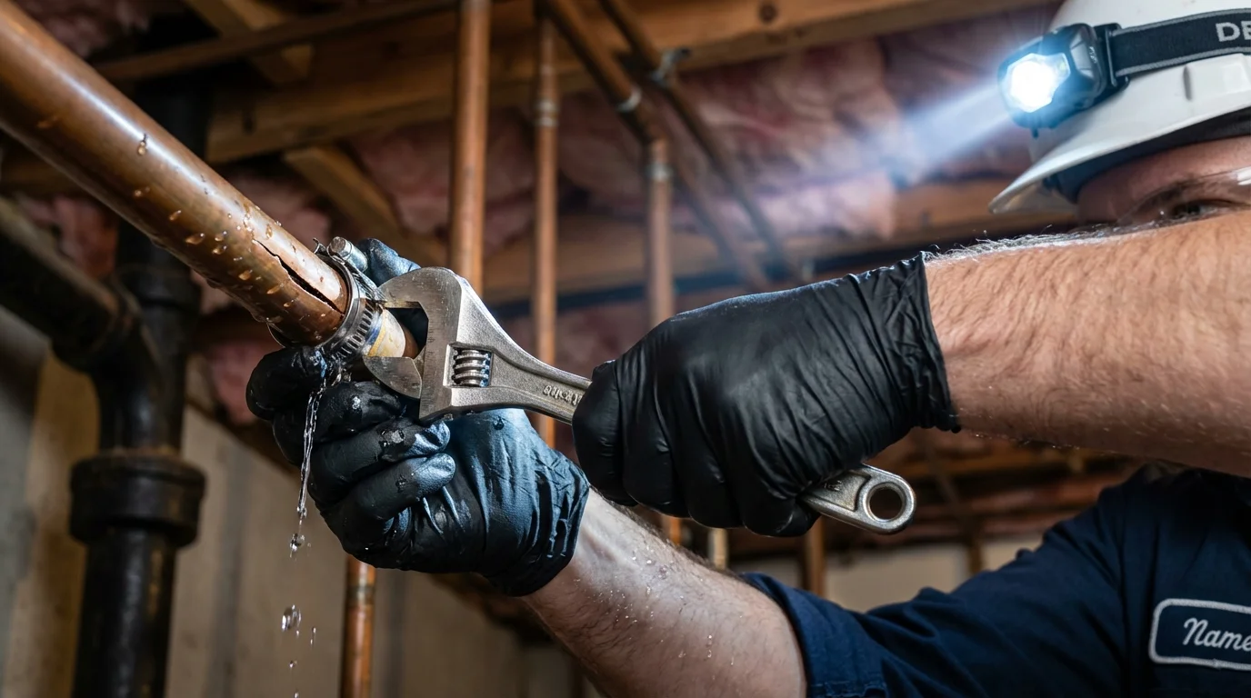 Emergency pipe clamp repair being performed by a Johns Plumbing LLC plumber in Cocoa Beach