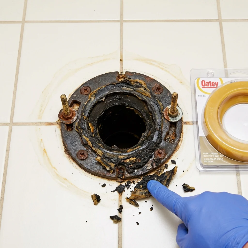 Failed wax ring showing water seepage at the base of a toilet in a Cocoa Beach, FL home