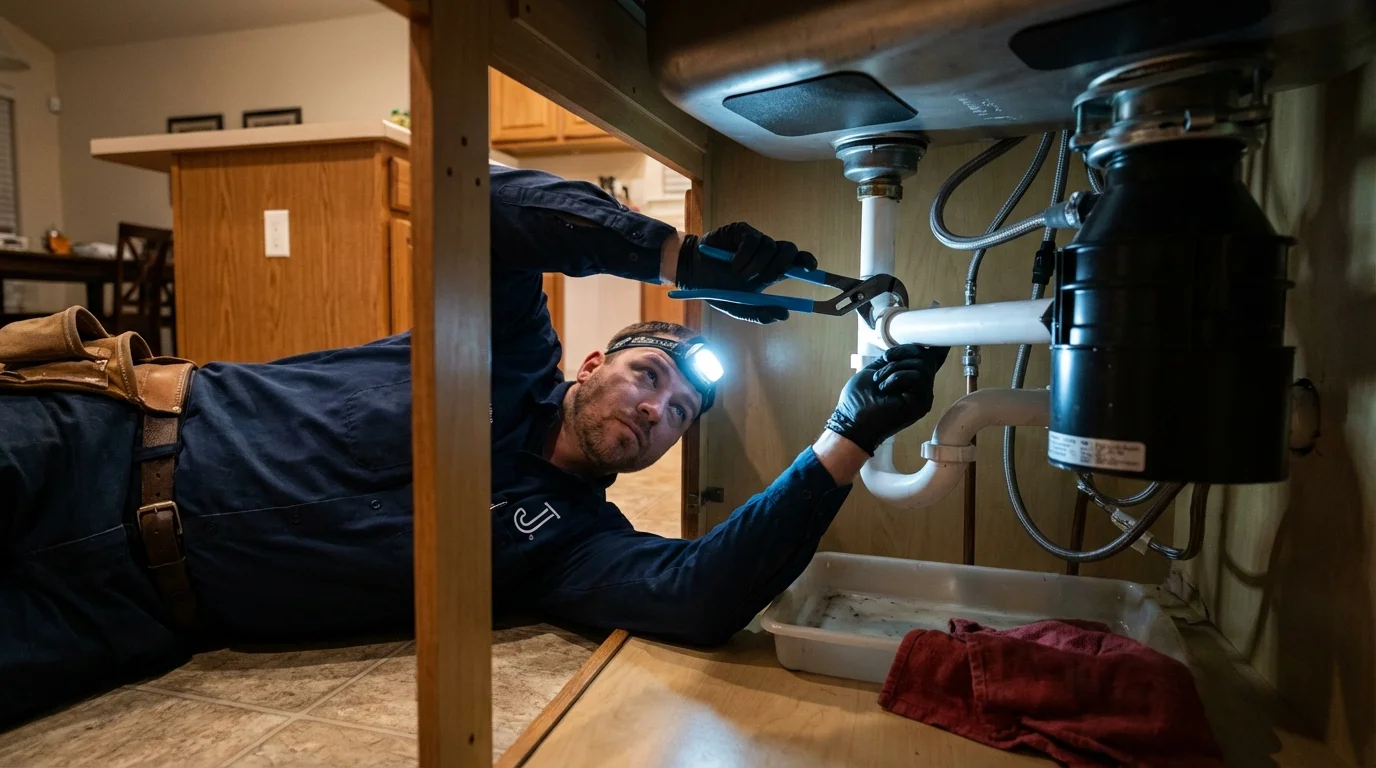 P-trap and supply line connections under a kitchen sink showing a common leak point in Cocoa Beach, FL